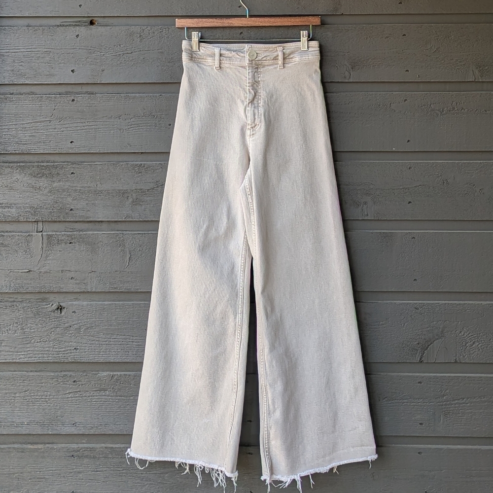 Zara High Rise Beige Cream Stretch Denim Wide-Leg Jeans Size 4 Raw Hem